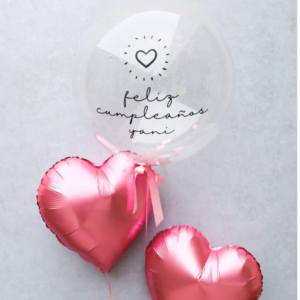 1 Globo burbuja con mensaje personalizado + 2 globos metálico corazón