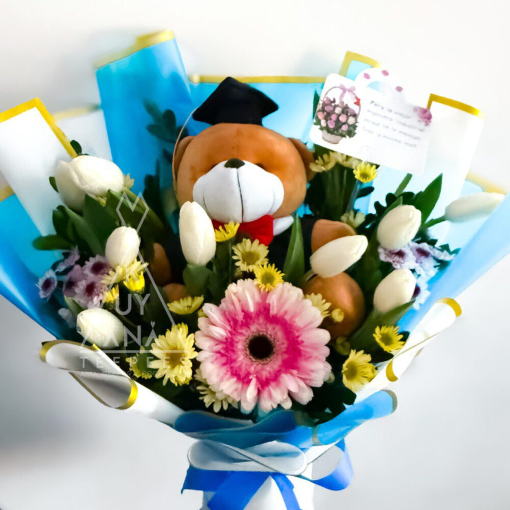 Arreglo 8 tulipanes + 3 gerveras o similar + flores secundarias (con peluche)